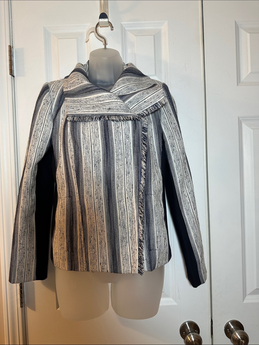 Ivanka Trump Black & White Striped Fringe-Trim Blazer